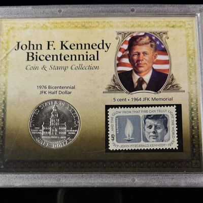 US 1776-1976 D Kennedy Half Dollar and 1964 5-Cent Stamp Set