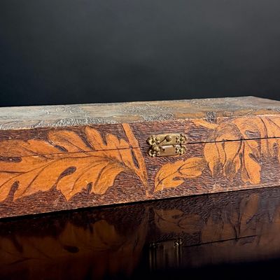 Arts and Crafts Pyrography and Chip Carved Wooden Floral Box