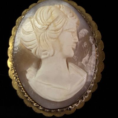 Sale Photo Thumbnail #192: Vintage Carved Shell Cameo Brooch with Scalloped Metal Frame