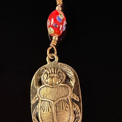 Egyptian Revival Cast Metal Scarab Pendant with Lampwork Glass Bead