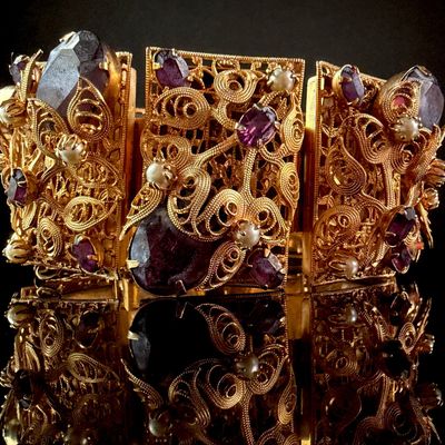 German Victorian Revival Gold-Toned Filigree Panel Bracelet with Purple Stones and Faux Pearls
