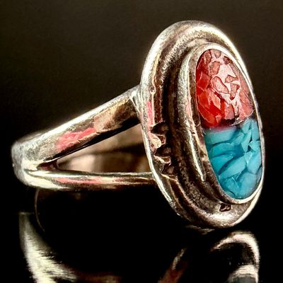 Sale Photo Thumbnail #111: Southwestern Sterling Silver Chip Inlay Ring with Turquoise and Coral