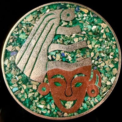 Sale Photo Thumbnail #103: Mexican Sterling Silver and Crushed Stone Mosaic Brooch Pendant