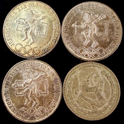 Sale Photo Thumbnail #108: A Group of Four Mexican Silver Coins Including 1968 Olympic 25 Pesos and 1958 Un Peso Issues