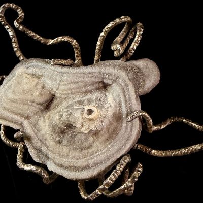Brutalist Mid-Century Modern Chalcedony Druzy Stalactite Slice Brooch