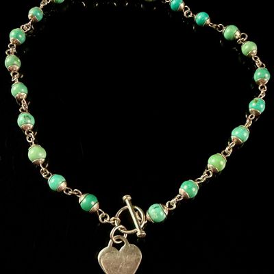 Sale Photo Thumbnail #170: Turquoise Bead and Silver Tone Link Necklace with Heart Pendant