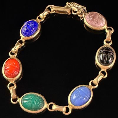 Vintage Yellow-Tone Multi-Gemstone Egyptian Revival Scarab Link Bracelet