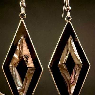 Sale Photo Thumbnail #151: A Pair of Mexican Alpaca and Abalone Shell Geometric Dangle Earrings