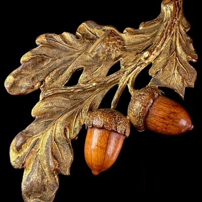Large Gilded Metal and Carved Wood Oak Leaf and Acorn Brooch