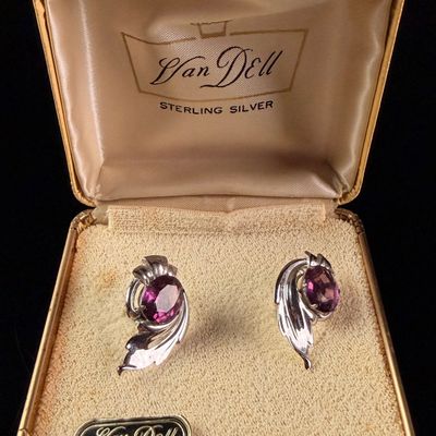 Sale Photo Thumbnail #114: A Pair of Van Dell Sterling Silver and Purple Gemstone Screw-Back Earrings