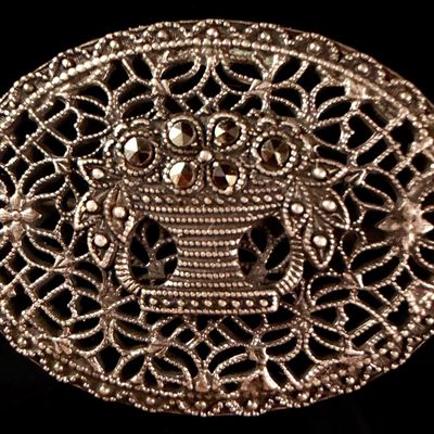 Sterling Silver Marcasite Flower Basket Openwork Brooch