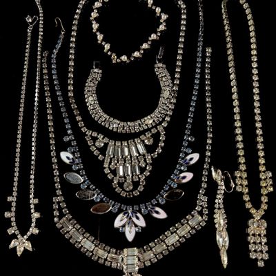 A Collection of Nine Pieces of Vintage Mid-Century Rhinestone Costume Jewelry including a Kramer of New York Necklace