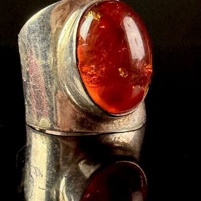 Modernist Silver and Baltic Amber Wide-Band Cocktail Ring