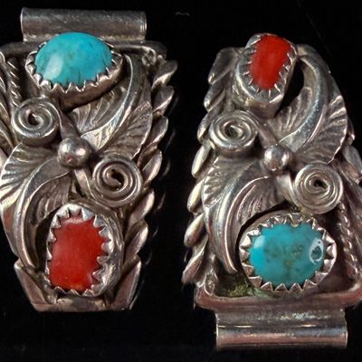 Sale Photo Thumbnail #124: A Pair of Southwestern Sterling Silver Turquoise and Coral Watch Tips