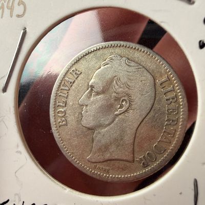 1945 Venezuela Silver 1 Bolivar Coin