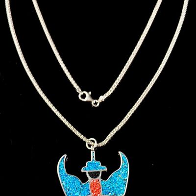 Sale Photo Thumbnail #162: Sterling Silver Southwestern Style Chip Inlay Knifewing Pendant on a Wheat Chain