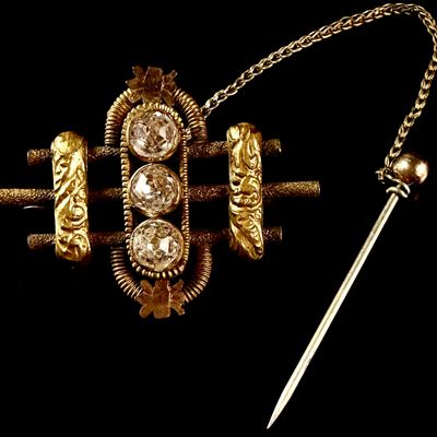 Sale Photo Thumbnail #190: Victorian Bi-Color Gold and Three-Stone Bar Brooch with Safety Chain and Stick Pin