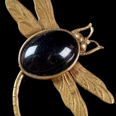 Vintage Gold-Toned Dragonfly Brooch with Black Cabochon