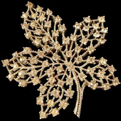 Crown Trifari Silver-Tone and Rhinestone Maple Leaf Brooch