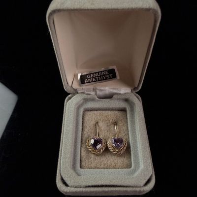 Sale Photo Thumbnail #193: A Pair of Vintage Gold-Toned Amethyst Heart Drop Earrings with Original Ames Retail Packaging