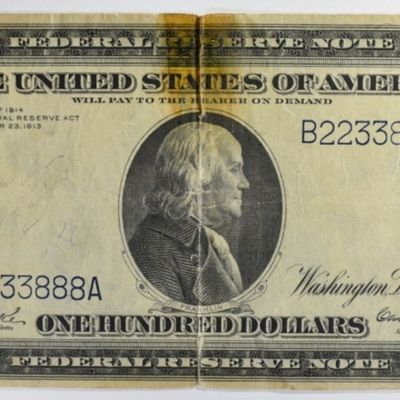 Sale Photo Thumbnail #101: 1914 $100 Federal Reserve Note SN B2233888A 2-B
