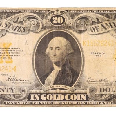 Sale Photo Thumbnail #298: 1922 $20 Gold Cert  SN K15526241
