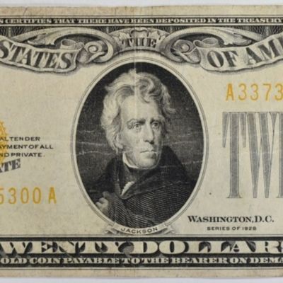 Sale Photo Thumbnail #304: 1928 $20 Gold Certificate  SN A33735300A
