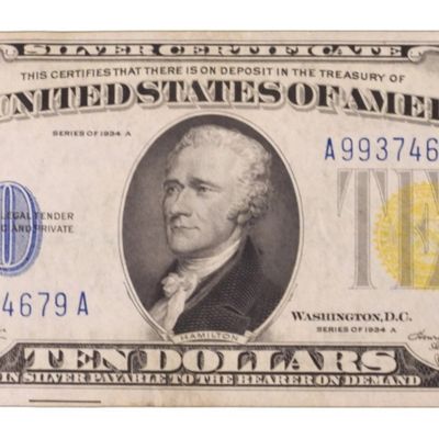 Sale Photo Thumbnail #303: 1934A $10 Silver Cert  SN A99374679A