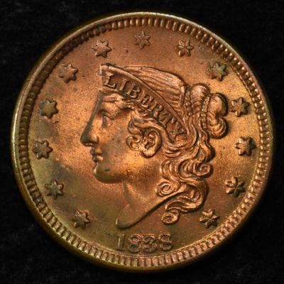 Sale Photo Thumbnail #143: 1838 CORONET LARGE CENT GEM BU NEARLY FULL RED