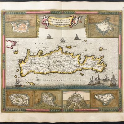 De Wit - Map of Crete (Candia), Greece, with City Views