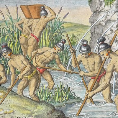 De Bry - Florida - Mode of collecting gold in streams running from the Appalachian Mountains