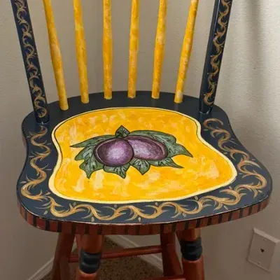 Hand Painted Folk Art Wooden Bar Stool Chair Fruit Plum Motif Black Gold Yellow