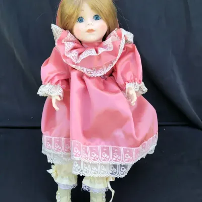 Vintage Porcelain Doll Blonde Blue Eyes Pink Satin Lace Dress Braided Hair Display