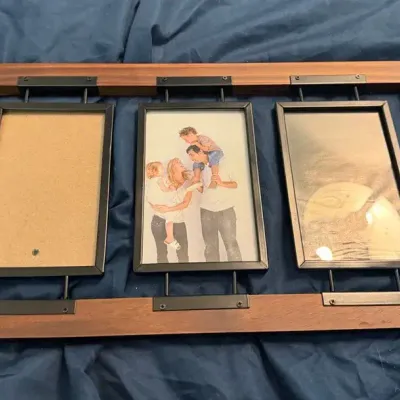 Wood & Black Metal Triple Floating Picture Frame 3 Photo Wall Display Collage