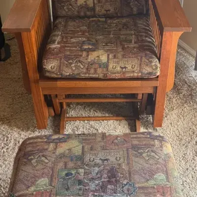 Mission-Style Oak Glider Chair & Ottoman with Western Cowboy Upholstery
