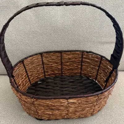 Vintage Rustic Woven Basket Large Oval Handled Brown Black Primitive Farmhouse Decor