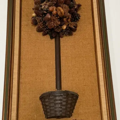 Vintage 1970s Signed Pinecone & Seed Pod Topiary Wall Art on Burlap
