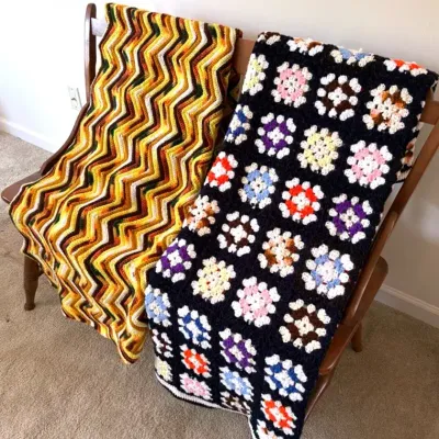 Vintage Hand Crocheted Granny Square Afghan And Zig Zag Afghan