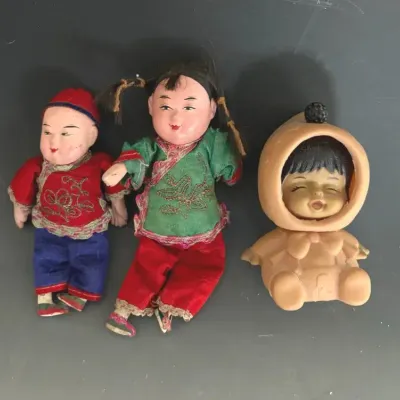 Antique Miniature Chinese Sawdust Dolls With 1960’s “Moody Cutie” Eskimo Doll