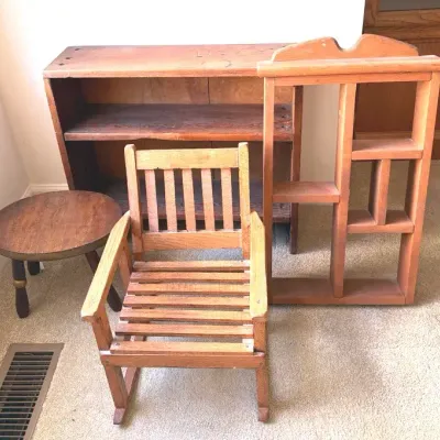 Child’s Oak Rocker, Rustic Shelf, Display Shelf And Stool