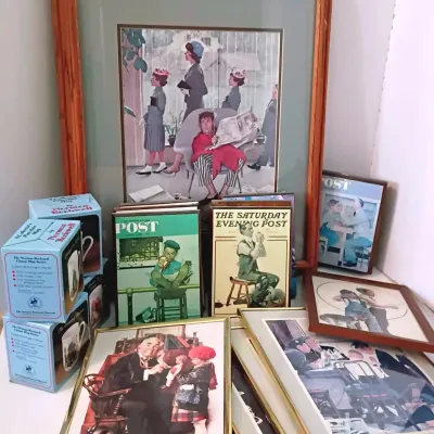 Norman Rockwell Group Including Porcelain Mugs, Wooden Plaques, and Framed Pictures 