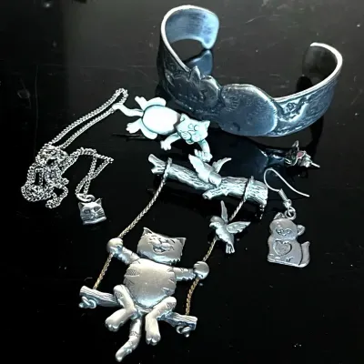 Pewter Tone Cat Themed Jewelry 