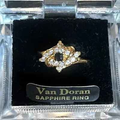 Van Doran Gold Palladium Ring with Round Sapphire and Rhinestones 