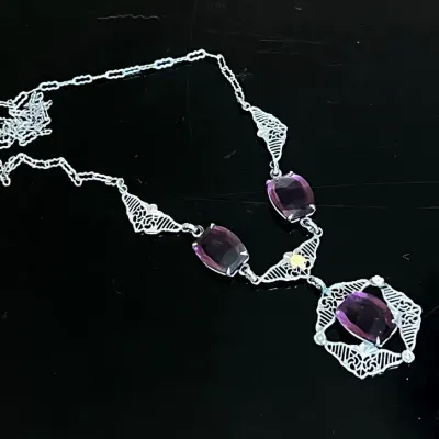 Art Deco Rhodium Filigree Necklace with Amethyst Glass Stones