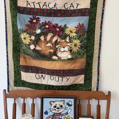 Needlepoint Cat Pictures And Cotton “Attack Cat On Duty” Throw