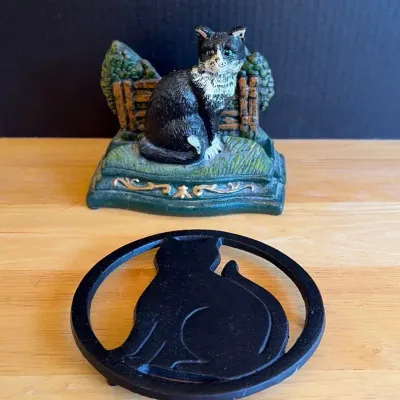 Cast Iron Cat Doorstop And Cat Trivet