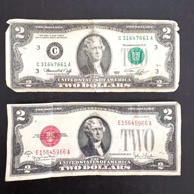 1928 G Red Seal $2.00 Note And 1976 G $2.00 Note