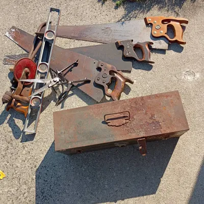Vintage Tool Box w/Antique Tools Including Disston & Sons Hand Saws