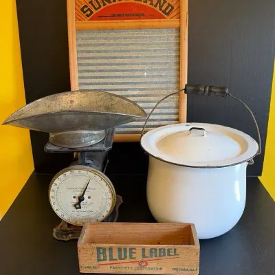 Rustic Decor, Sunnyland Washboard, Columbia Scale, Enamel Lidded Pot And Wooden Cheese Box