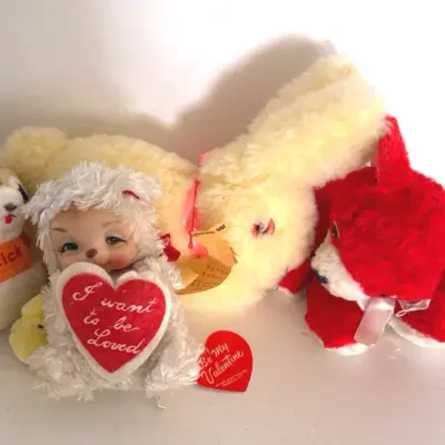 Vintage Rushton Valentine Lamb With Vintage Plush Toys